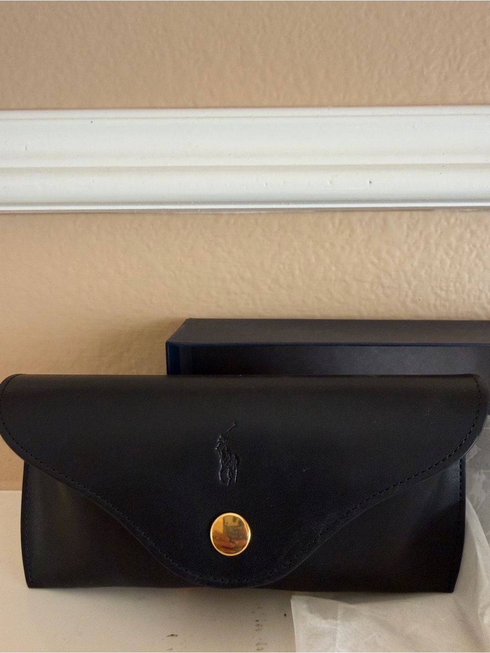 NEW Polo by Ralph Lauren Black Leather Eye Glasses Case with Gold Snap